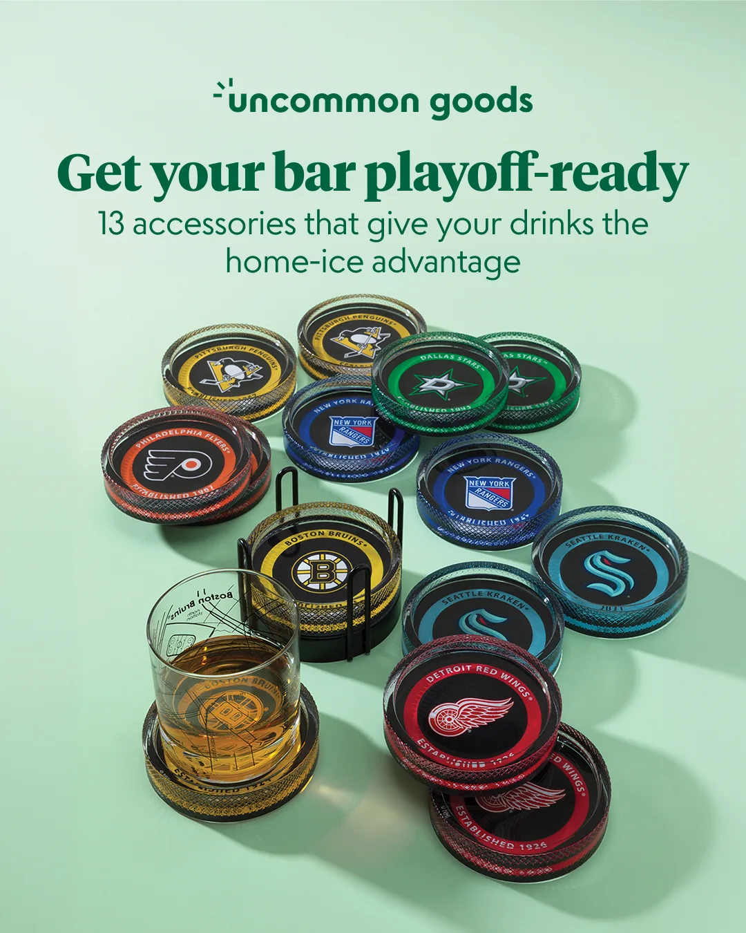 Direct-response static — NHL barware, headline swapped into the template